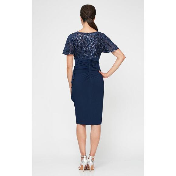 Alex Evenings sz 10 navy blue V-Neck Empire Waist Sheath Dress flutter Sleeves - Picture 2 of 6